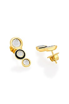Gold Plated Mirror Black Enameled Stud Earrings