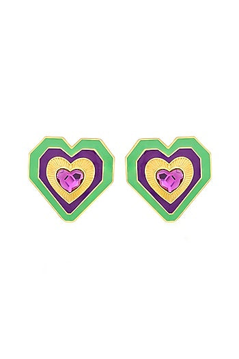 Gold Plated Green & Purple Crystal Heart Stud Earrings