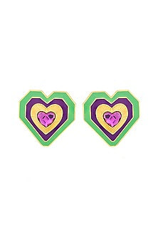Gold Plated Green & Purple Crystal Heart Stud Earrings