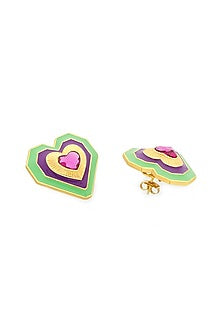 Gold Plated Green & Purple Crystal Heart Stud Earrings