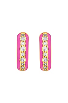 Gold Plated CZ Rani Pink Enameled Hoop Earrings
