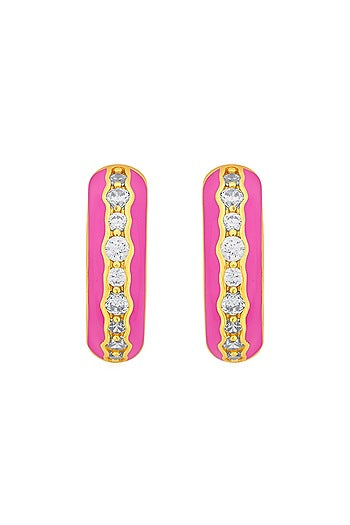Gold Plated CZ Rani Pink Enameled Hoop Earrings