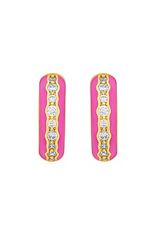 Gold Plated CZ Rani Pink Enameled Hoop Earrings