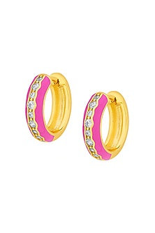 Gold Plated CZ Rani Pink Enameled Hoop Earrings