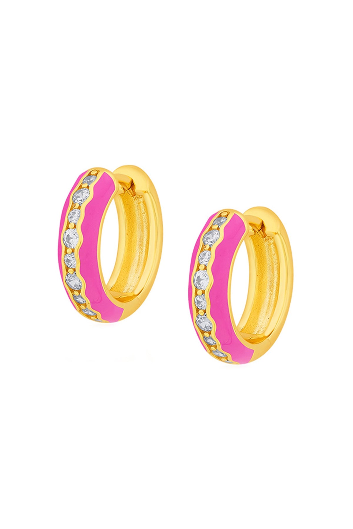 Gold Plated CZ Rani Pink Enameled Hoop Earrings