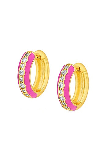 Gold Plated CZ Rani Pink Enameled Hoop Earrings