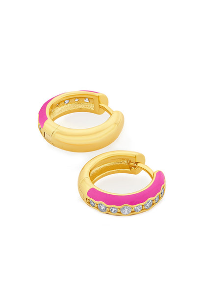 Gold Plated CZ Rani Pink Enameled Hoop Earrings