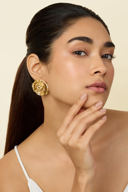 Gold Plated Mirror Rose Stud Earrings