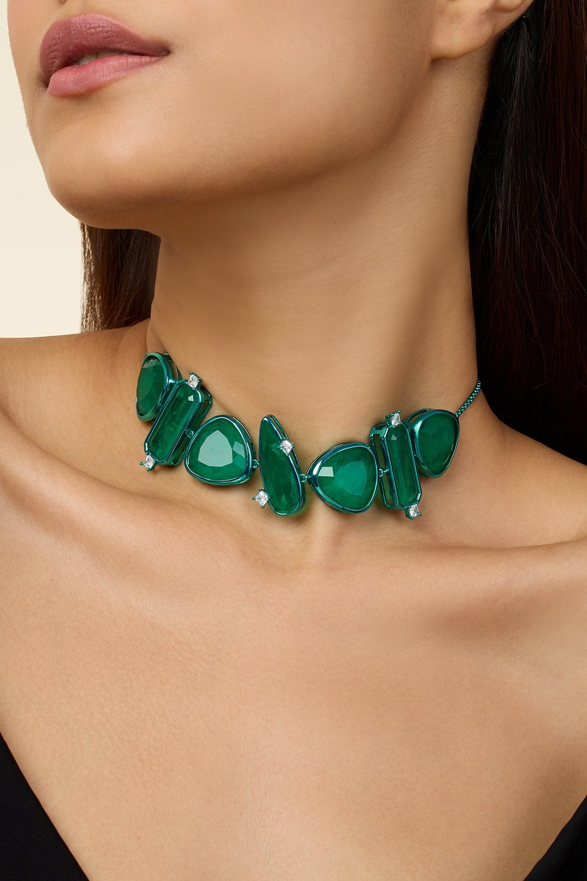 Gold Plated Green Doublet Stone & CZ Flame Choker Necklace