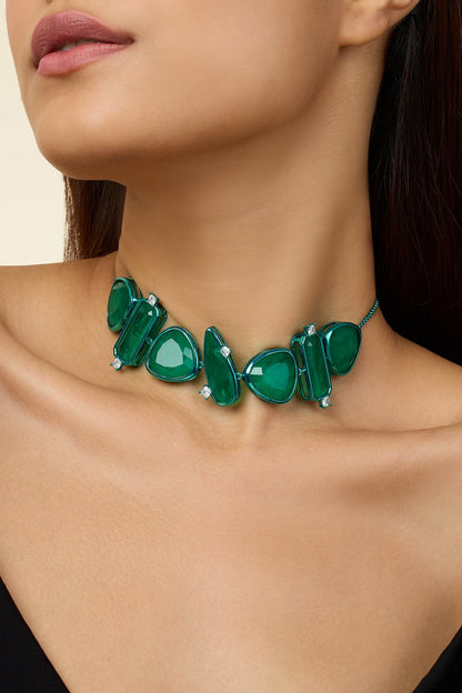 Gold Plated Green Doublet Stone & CZ Flame Choker Necklace
