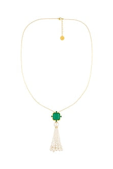 Gold Plated Green Doublet Stone & Pearl Long Necklace