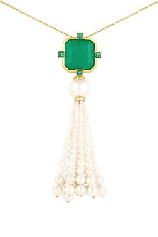 Gold Plated Green Doublet Stone & Pearl Long Necklace