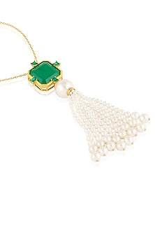 Gold Plated Green Doublet Stone & Pearl Long Necklace