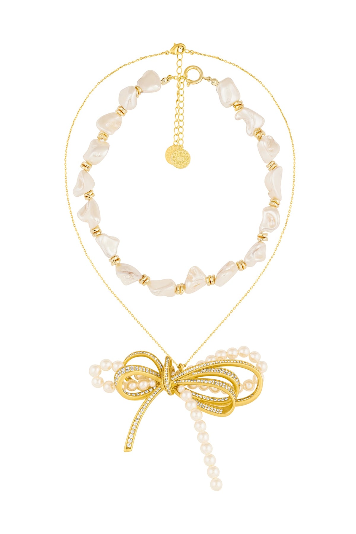 Gold Plated Pearl & CZ Bow Layered Necklace