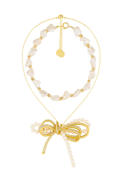 Gold Plated Pearl & CZ Bow Layered Necklace