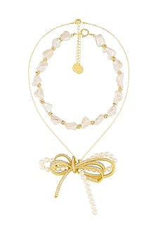 Gold Plated Pearl & CZ Bow Layered Necklace