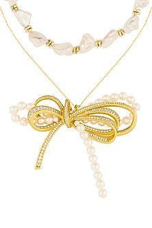 Gold Plated Pearl & CZ Bow Layered Necklace