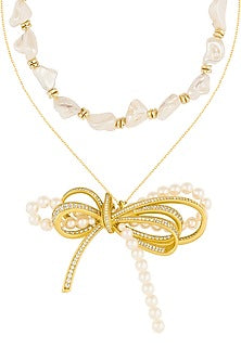Gold Plated Pearl & CZ Bow Layered Necklace