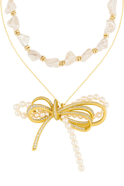 Gold Plated Pearl & CZ Bow Layered Necklace