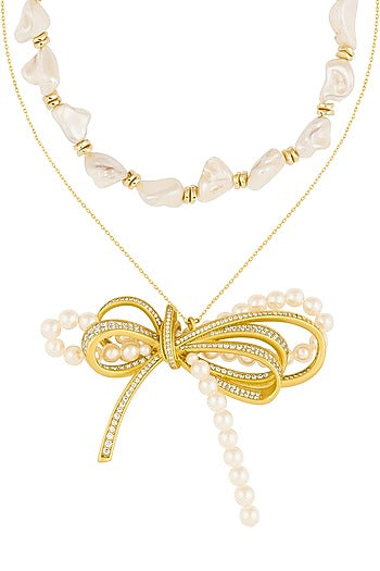 Gold Plated Pearl & CZ Bow Layered Necklace