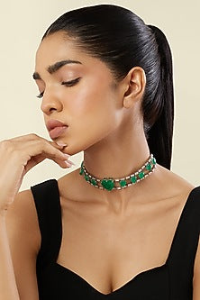 White Rhodium Finish Crystal Zirconia & Emerald Stone Choker Necklace