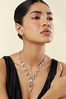 White Rhodium Finish Crystal Zirconia Long Necklace