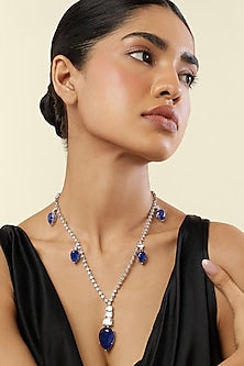 White Rhodium Finish Crystal Zirconia & Sapphire Long Necklace