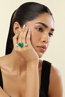 White Rhodium Finish Crystal Zirconia & Emerald Stone Heart Ring