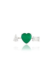 White Rhodium Finish Crystal Zirconia & Emerald Stone Heart Ring
