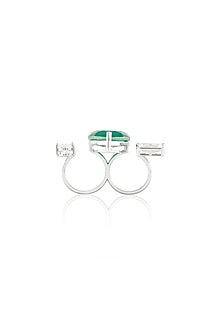 White Rhodium Finish Crystal Zirconia & Emerald Stone Heart Ring