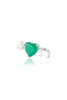 White Rhodium Finish Crystal Zirconia & Emerald Stone Heart Ring