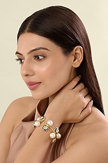 Gold Plated Mirror & Pearl Enameled Cuff