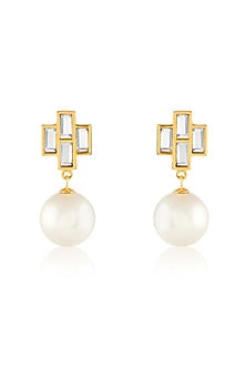 Gold Plated Prism Mirror & Pearl Drop Stud Earrings