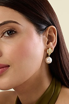 Gold Plated Prism Mirror & Pearl Drop Stud Earrings