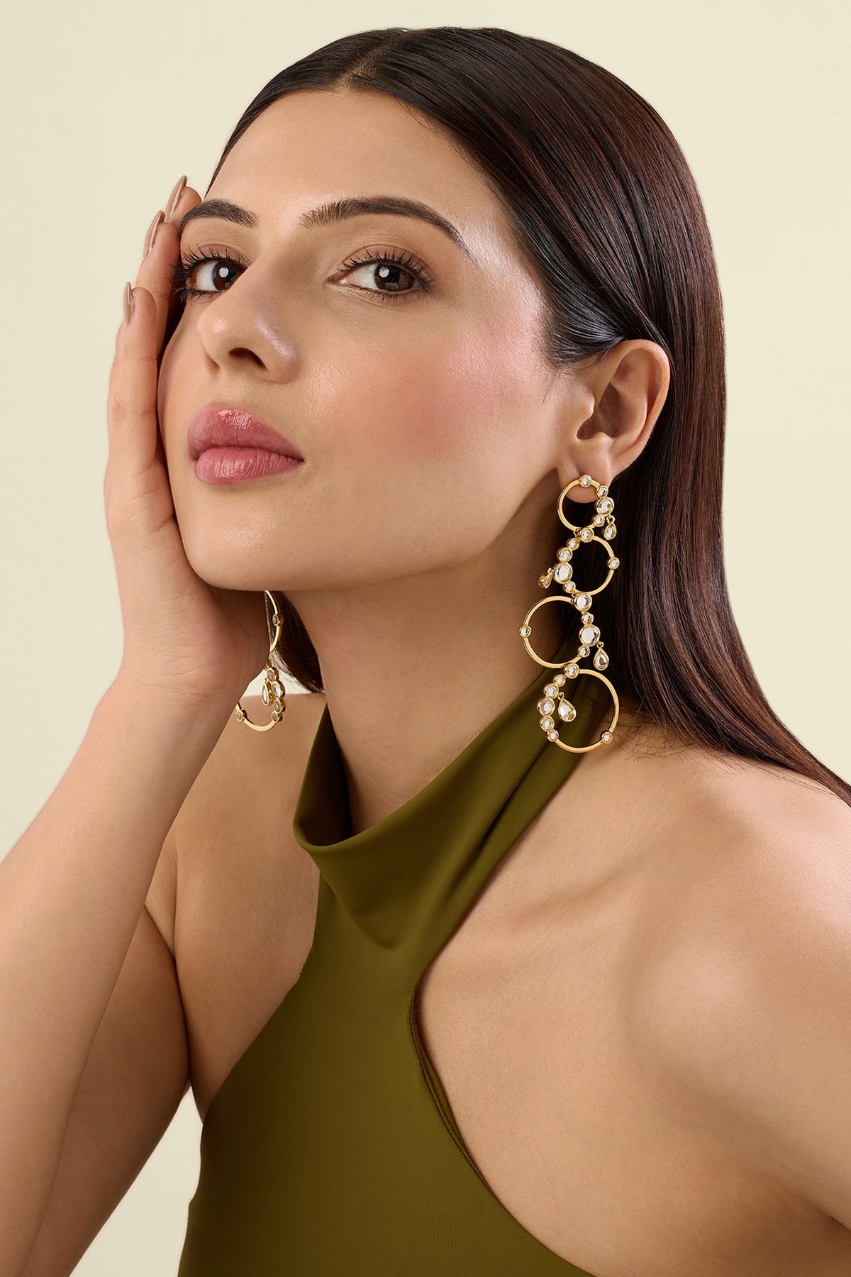 Gold Plated Mirror Synthetic Stone Long Circular Earrings