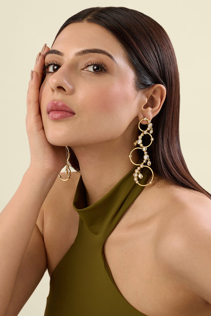 Gold Plated Mirror Synthetic Stone Long Circular Earrings