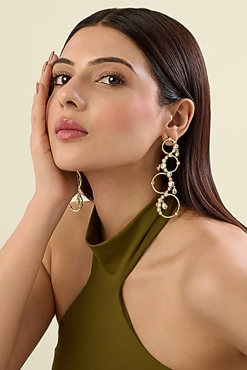 Gold Plated Mirror Synthetic Stone Long Circular Earrings