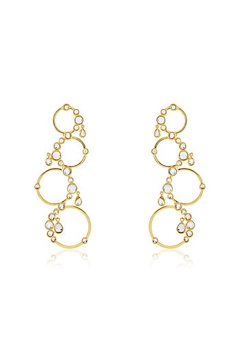 Gold Plated Mirror Synthetic Stone Long Circular Earrings