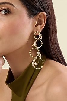 Gold Plated Mirror Synthetic Stone Long Circular Earrings