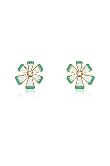 Gold Plated Blue Enameled Floral Stud Earrings