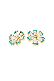 Gold Plated Blue Enameled Floral Stud Earrings