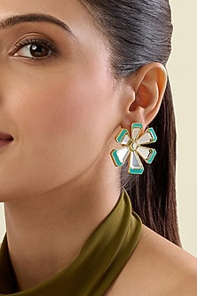 Gold Plated Blue Enameled Floral Stud Earrings
