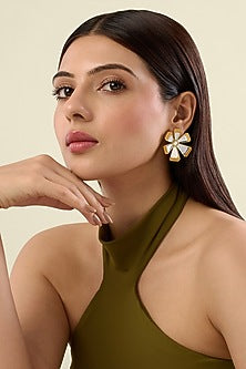 Gold Plated Orange Enameled Floral Stud Earrings