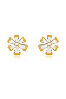 Gold Plated Orange Enameled Floral Stud Earrings