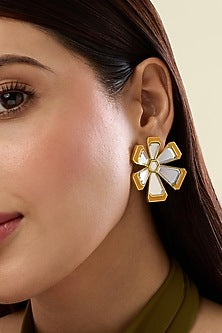 Gold Plated Orange Enameled Floral Stud Earrings