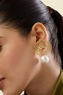 Gold Plated Pearl Drop Leaf Earrings