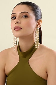 Gold Plated Pearl & Chain Long Earrings