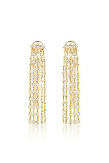 Gold Plated Pearl & Chain Long Earrings