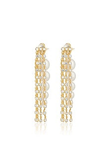 Gold Plated Pearl & Chain Long Earrings