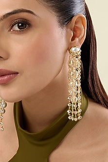 Gold Plated Pearl & Chain Long Earrings